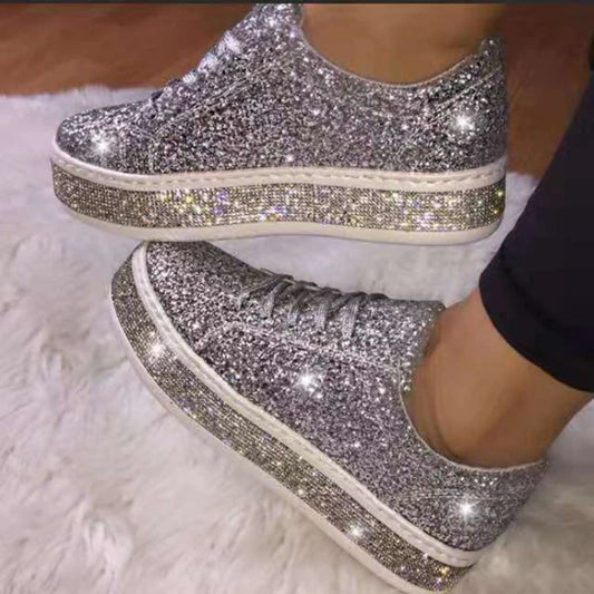 Women's Sequins Sneakers Korean Style Lace Up Large Size Flat Shoes Thick Bottom Anti-slip Casual Trainers Chaussure Femmes